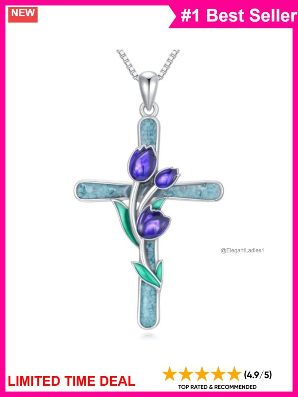 925 Sterling Silver Turquoise Tulip Cross Pendant Necklace Religious Jewelry